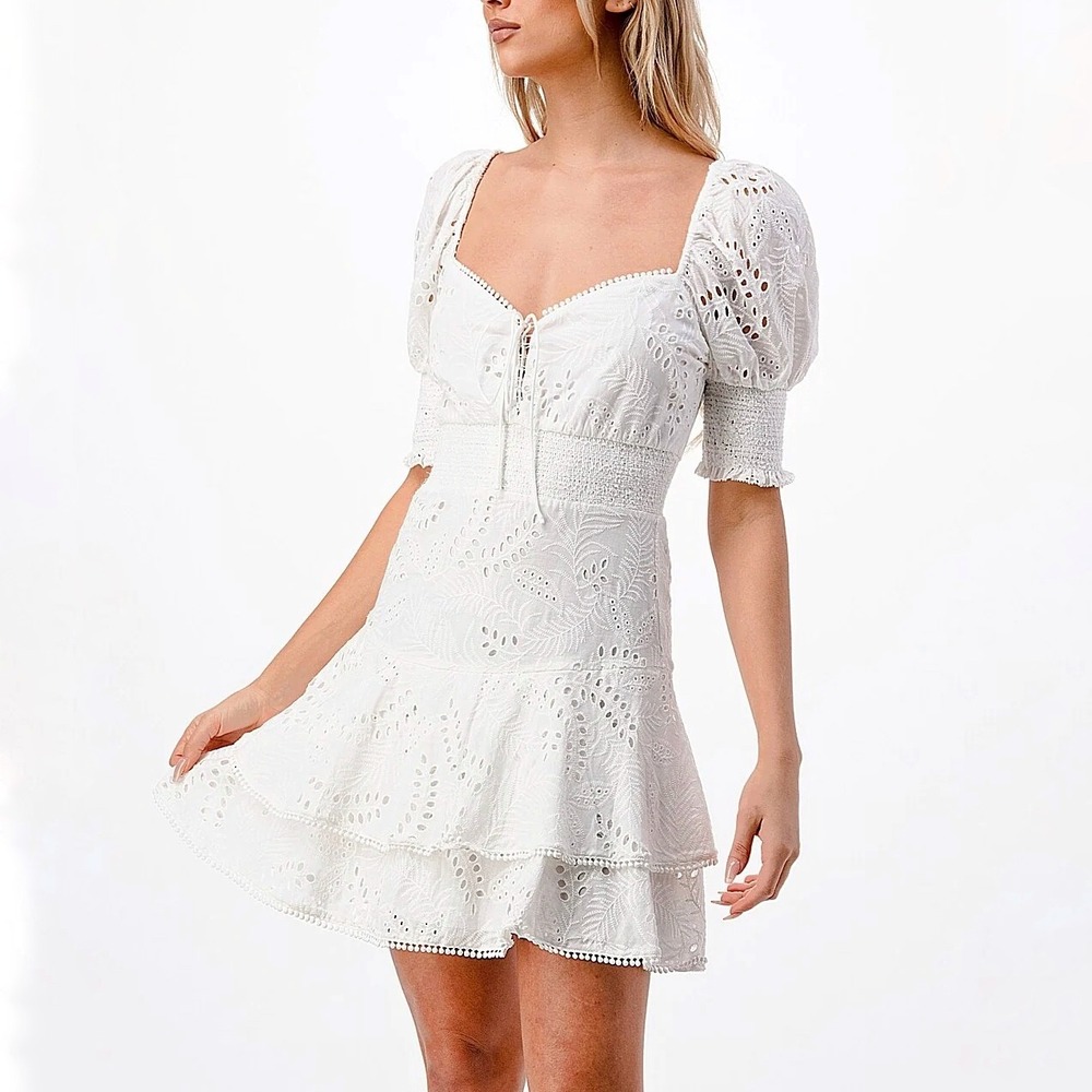 Alice + Olivia | Crawford Eyelet Lace Puff Sleeve Mini Dress Off-White